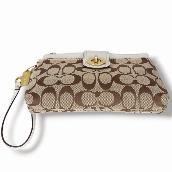 Coach Wristlet Signature Canvas Logo Brass Turnlock Beige Brown White Leather - Picture 6 of 10